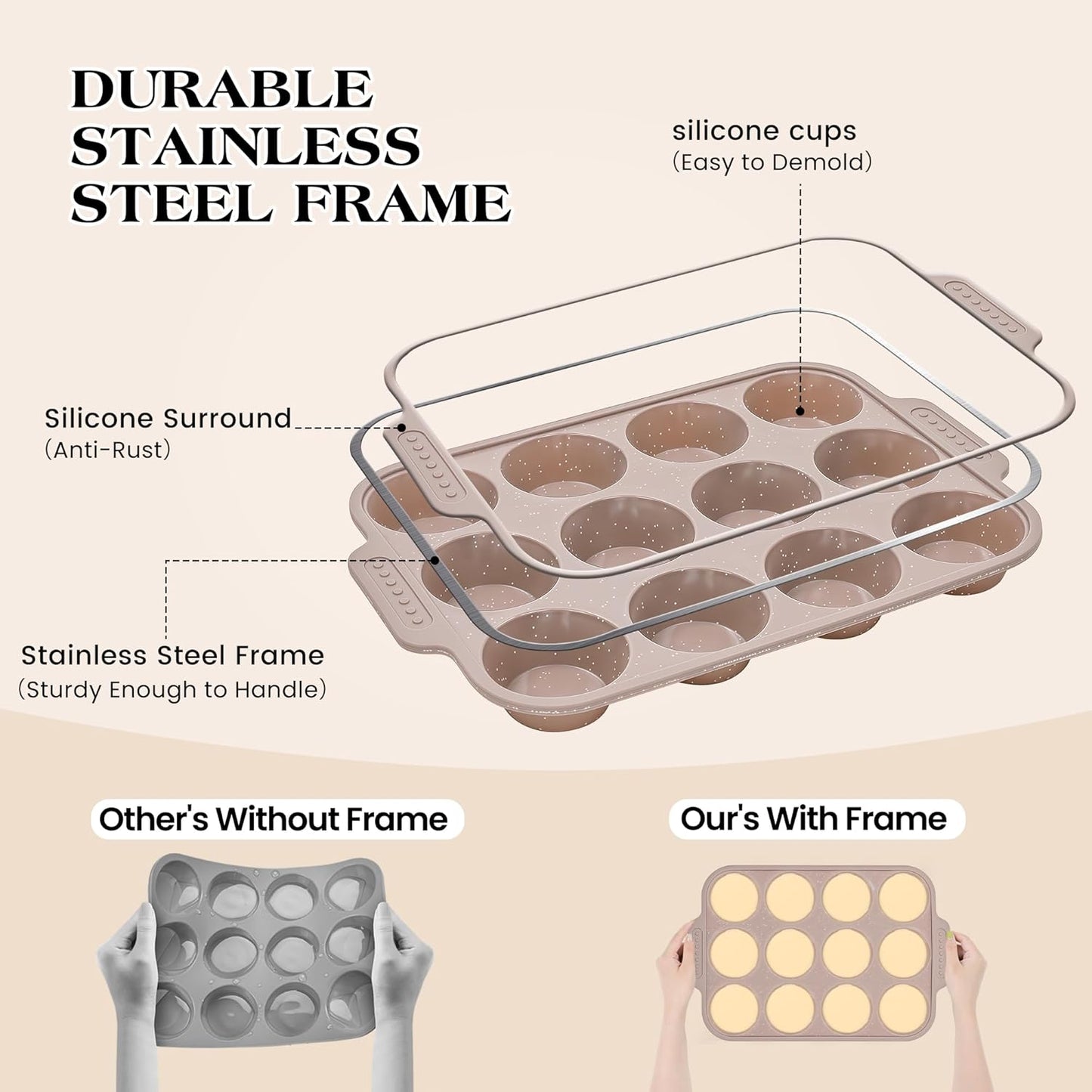 2 Pcs Silicone Muffin Pans for Baking with Metal Reinforced Frame, Nonstick Cupcake Tray for Oven, 12 Cups Regular Size Silicone Molds for Egg Bites, Dishwasher Safe (Brown, Cream)