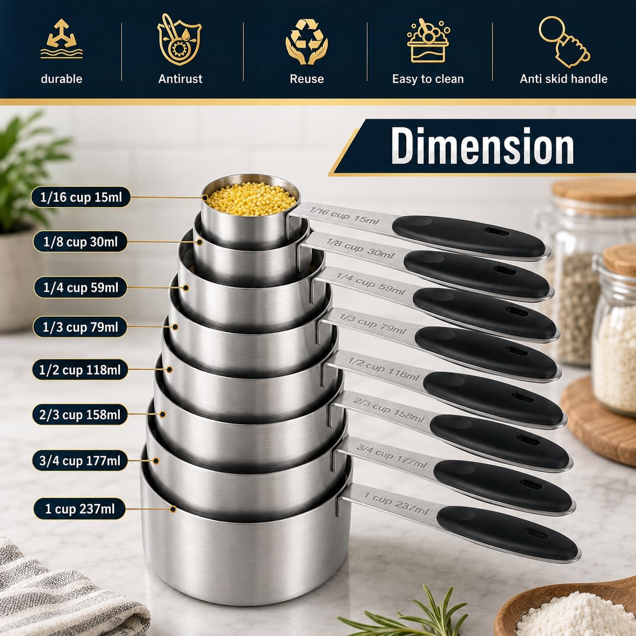 16 Pieces Measuring Cups and Magnetic Measuring Spoons Set Stainless Steel,8 Measure Cups with Silicone Handle and 7 Double Sided Magnetic Measure Spoons & 1 Leveler