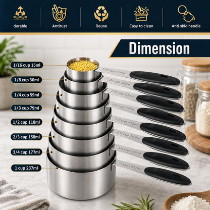 16 Pieces Measuring Cups and Magnetic Measuring Spoons Set Stainless Steel,8 Measure Cups with Silicone Handle and 7 Double Sided Magnetic Measure Spoons & 1 Leveler