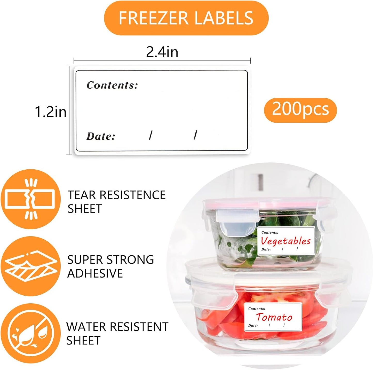 2.4" x 1.2" Removable Food Labels for Freezer Storage, Date Content Stickers to Write On for Home Kitchen Office Use, 200 Pcs