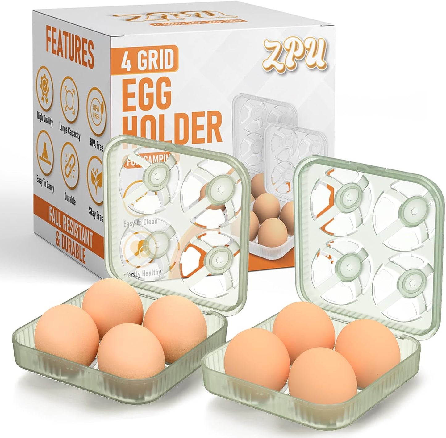 ZPU Egg Holder Camping, 1Pcs 4 Grid Egg Container, Plastic Egg Carrier for Camping Picnic Travel Outdoor Refrigerator Kitchen, Clear White