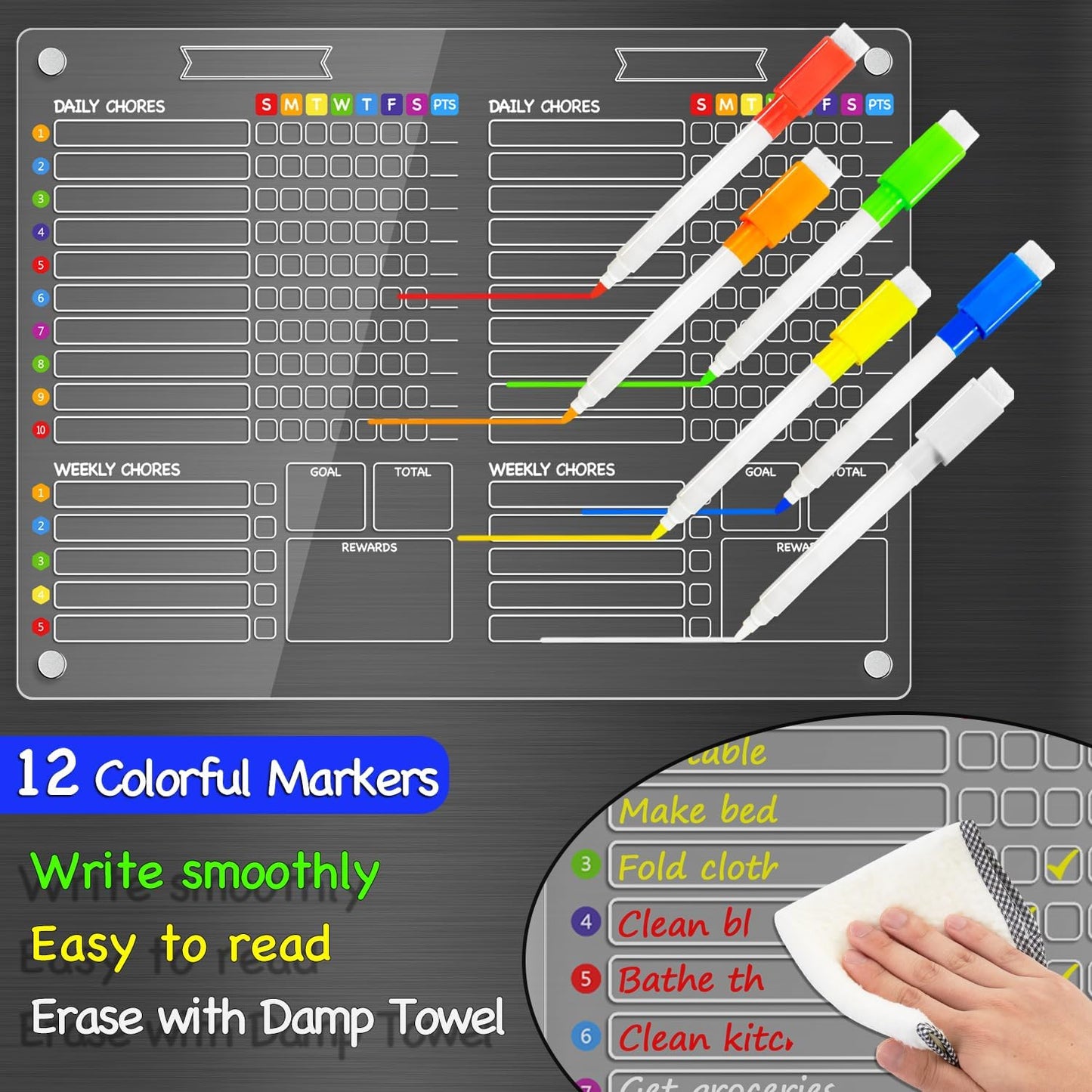 PigPotParty 2-in-1 Acrylic Magnetic Chore Chart for 2 Kids, Couples, Roommates, 15"x11" Large Dry Erase Chore Board for Fridge, Clear Weekly & Daily Reward Chart, Includes 12 Markers & Towel