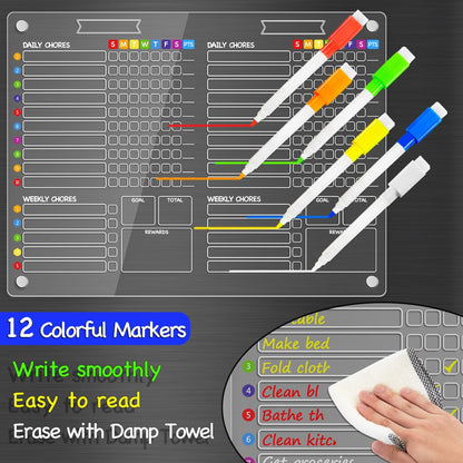 PigPotParty 2-in-1 Acrylic Magnetic Chore Chart for 2 Kids, Couples, Roommates, 15"x11" Large Dry Erase Chore Board for Fridge, Clear Weekly & Daily Reward Chart, Includes 12 Markers & Towel