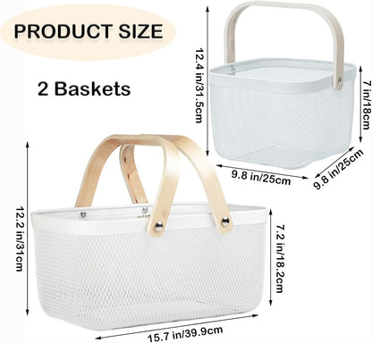 Cheardia 2 Pack Picnic Baskets, Metal Mesh Harvest Basket with Foldable Wooden Handle, Rectangle Garden Storage Basket Bin for Vegetable Fruit Garden Kitchen Cabinet Picking Gathering