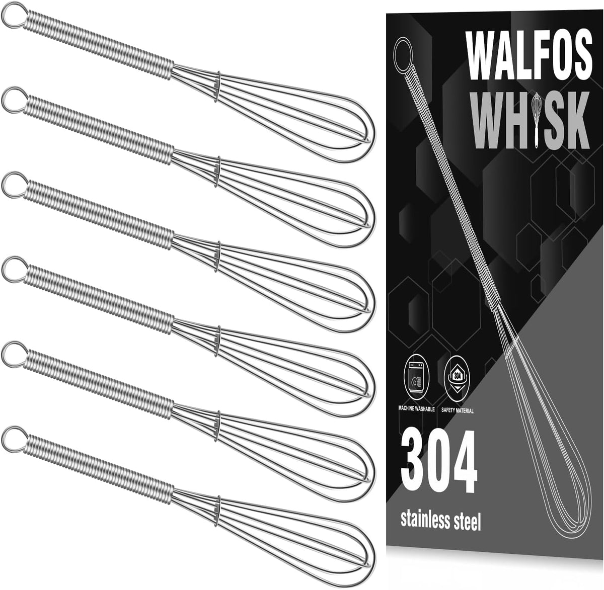 Walfos Whisk,304 Stainless Steel whisk,No-Rust 7+9+11inch Whisks for cooking Nice for Blending,Whisking,Beating.Heat resistant 600°F Dishwasher Safe. Heavy duty kitchen whisk.SILVER