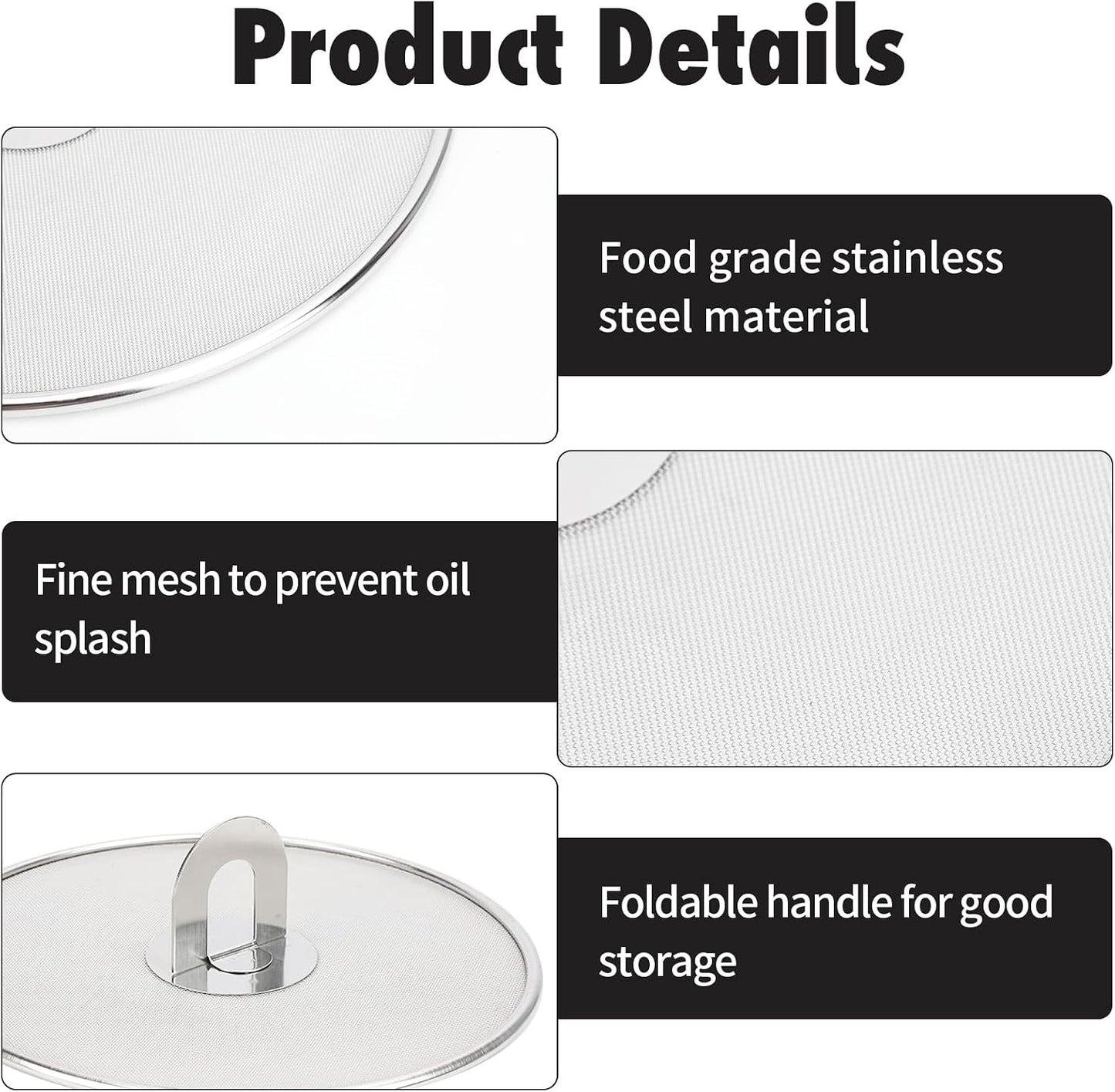 4PCS Splatter Screen for Frying Pan, Stainless Steel Grease Splatter Guard, Hot Oil Splatter Screen with Foldable Knob, Ultra-Fine Mesh No Burns Keeps Kitchen Clean(8", 10", 11.5", 13")
