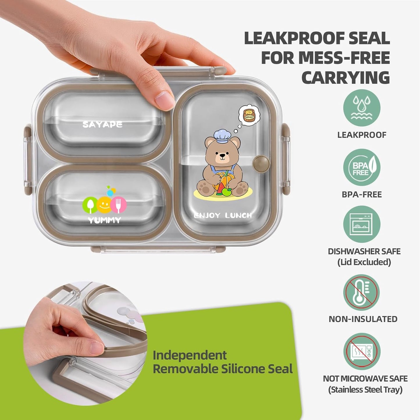SAYAPE Stainless Steel Bento Lunch Box for Kids, 26.4 oz Leak-Proof 3-Compartment Metal Bento Box, BPA-Free, Cute Cartoon Meal Prep Snack Container with Utensils for School, Office, Travel - Beige