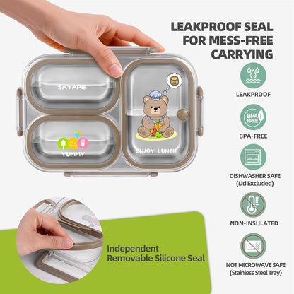 SAYAPE Stainless Steel Bento Lunch Box for Kids, 26.4 oz Leak-Proof 3-Compartment Metal Bento Box, BPA-Free, Cute Cartoon Meal Prep Snack Container with Utensils for School, Office, Travel - Beige
