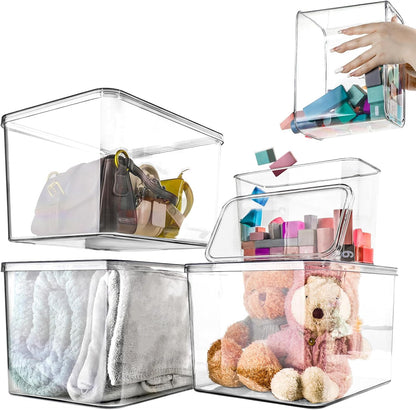 Clear Storage Bins With Lids,4 Packs Food Storage Organizer,Stackable Kitchen Cabinet,Bathroom Basket,Fridge Organization.Pantry Transparent Containers For Fruits,Drinks