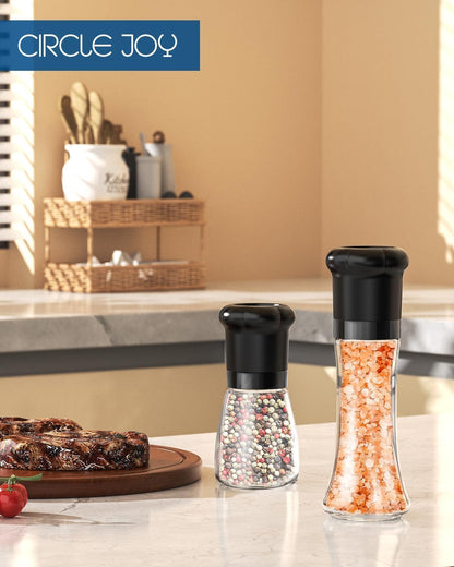 CIRCLE JOY Premium Manual Salt and Pepper Grinder Set, Refillable Salt and Pepper Shakers with Ceramic Blades, Adjustable Coarseness and BPA-free 180ml Glass Container, Tall Black White
