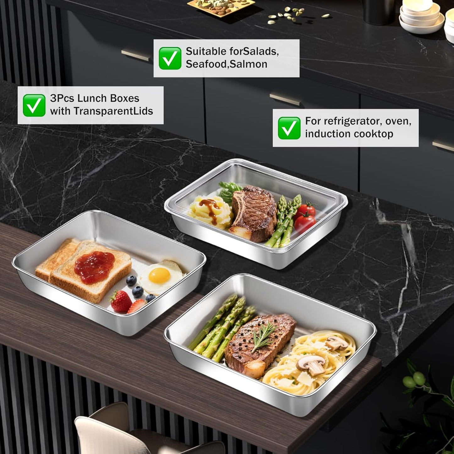 6-Pack Stainless Steel Food Storage Containers with ClearLids - Stackable Metal Meal Prep Boxes for Lunches, Leftovers & Kitchen Organization, BPA-Free & Dishwasher Safe（73oz/10X7.68X2.1）