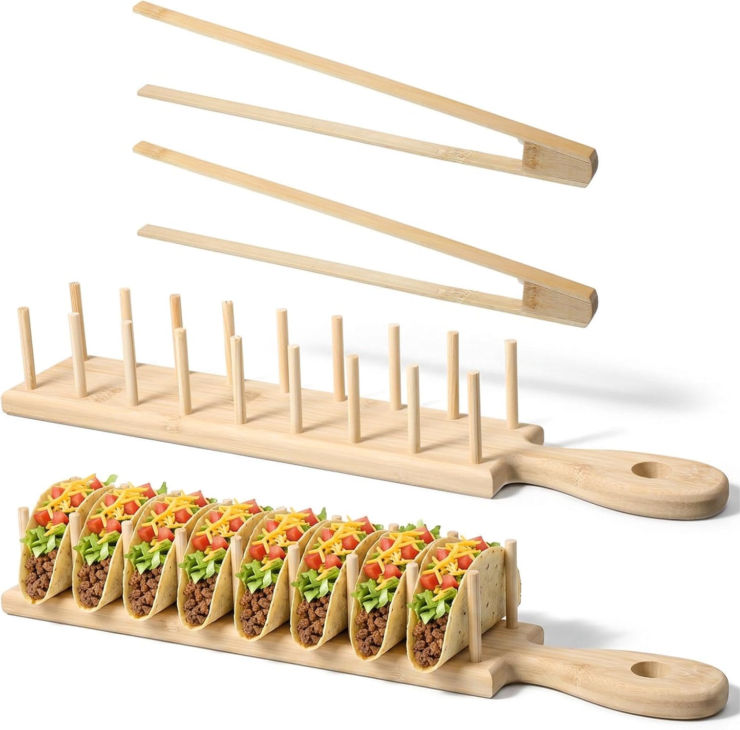 4 PCS Bamboo Taco Holder Set of Bamboo Taco Tray Tacos Tray with Tong Stand Holder Holds 8 Shells Each for Hard & Soft Shells Tacos Kitchen Serving Rack for Parties & Home