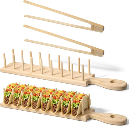 4 PCS Bamboo Taco Holder Set of Bamboo Taco Tray Tacos Tray with Tong Stand Holder Holds 8 Shells Each for Hard & Soft Shells Tacos Kitchen Serving Rack for Parties & Home