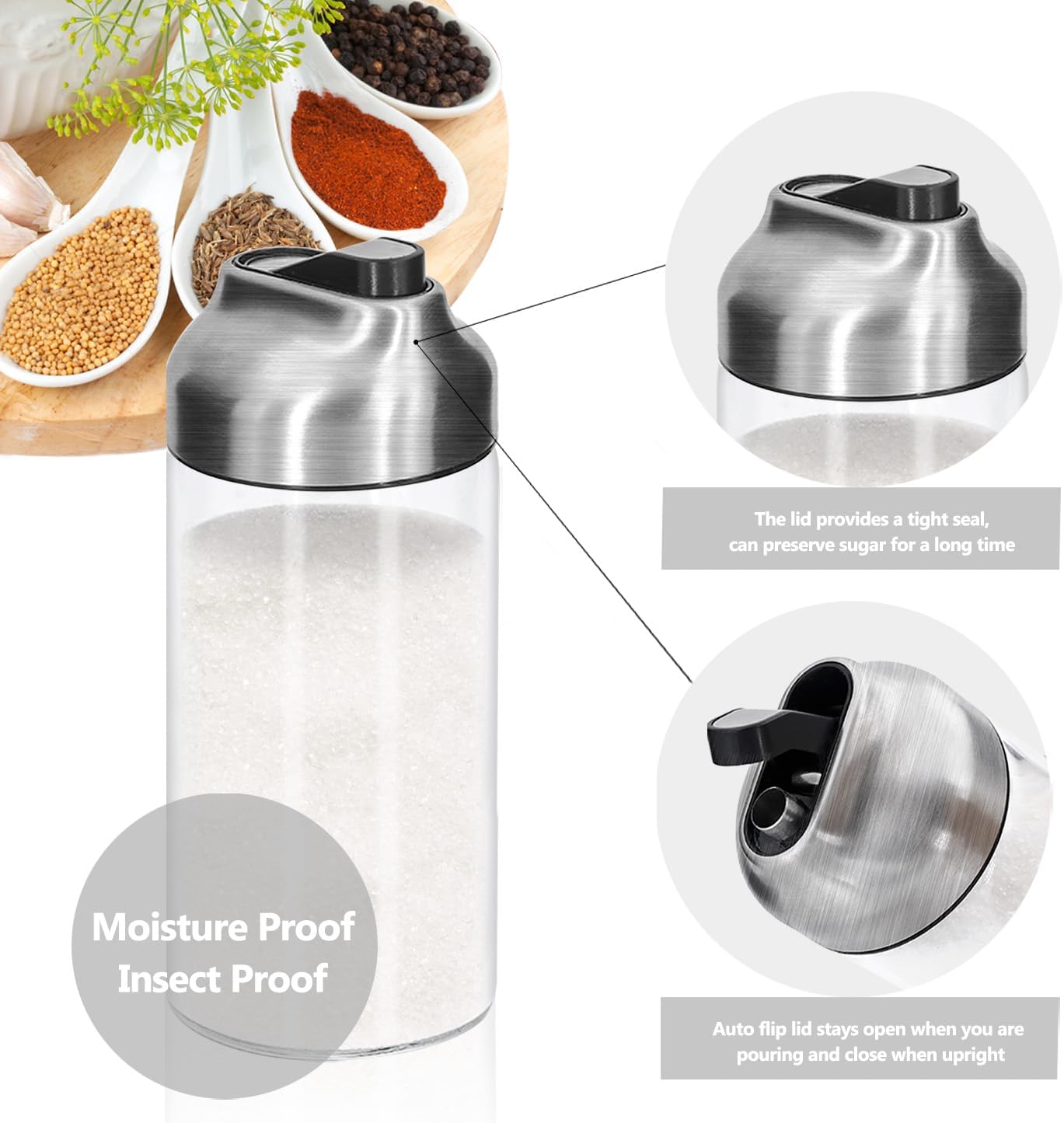 Aelga 12 OZ Glass Sugar Dispenser with Pour Spout, Weighted Pourer, for Coffee, Tea & Baking