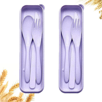 Reusable Travel Utensils Set with Case, 4 Sets Wheat Straw Portable Plastic Fork Spoons Knife Cutlery, Camping Eco-Friendly BPA Free Tableware for Kids Adults Work Picnic or Daily Use (Colorful)