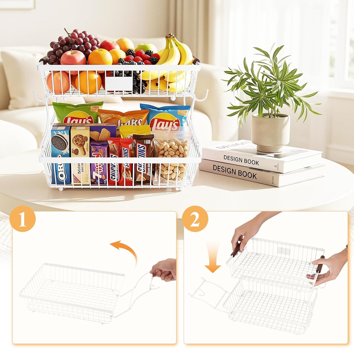 2-Tier Stackable Wire Basket with 2 Banana Hooks, Pantry Organizer for Kitchen Countertops, Cabinets & Under-Sink Spaces; Ideal for Storing Snacks, Fruits, Veggies, Onions, Potatoes, & More,Black