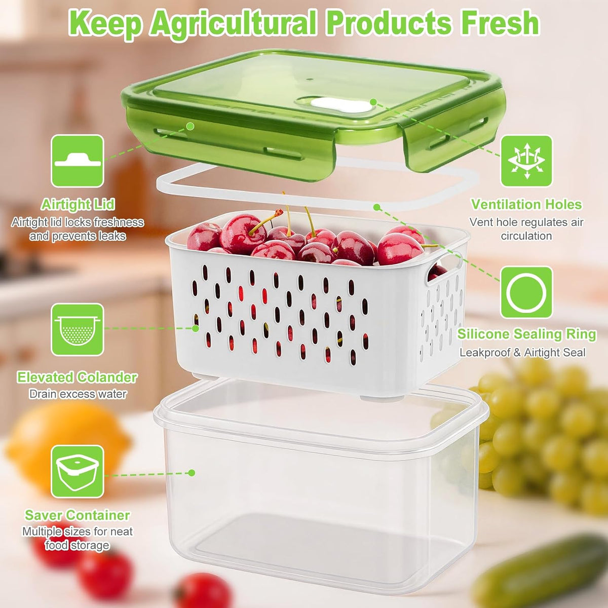 12 Pieces Fruit Storage Containers For Fridge with Removable Colanders