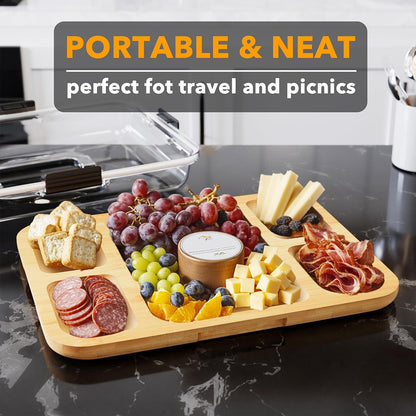 SpaceAid Charcuterie Board with Clear Lid, Portable Travel Cheese Cutting Boards for Picnic Accessories, Bamboo Serving Tray with Lids, House Warming Gifts, Black Handles, 8 Compartments