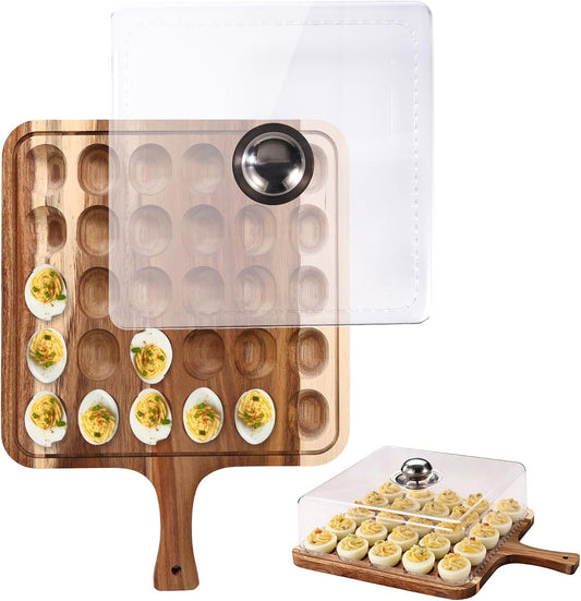 Deviled Egg Containers with Lid & Handle, Square 30 Holes Wooden Deviled Egg Storage Platter Serving Tray Carrier Food Containing Plate Holder for Home Party Supply
