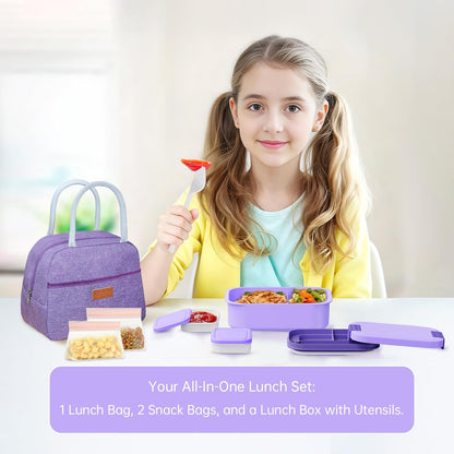 JBGOYON Bento Box and Lunch Bag Set, Leak-Proof Lunch Box for Adults and Kids with Built-in Utensils, Insulated for Work School Travel, Microwave & Dishwasher Safe, All-in-One (Purple)
