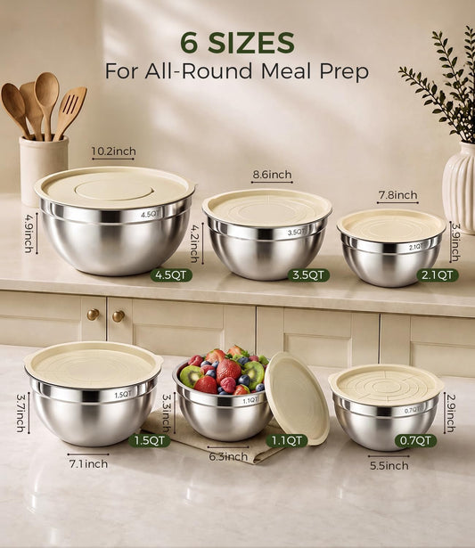 Stainless Steel Mixing Bowls: 6-Piece Prep & Storage Set with Lids
