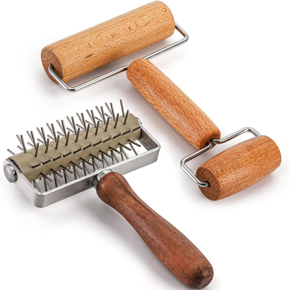 Hiceeden Set of 2 Pizza Dough Roller & Dough Docker, Stainless Steel Dough Hole Maker Puncher Wooden Rolling Pin for Pizza, Cookie, Pie, Pastry, Bread, Crust