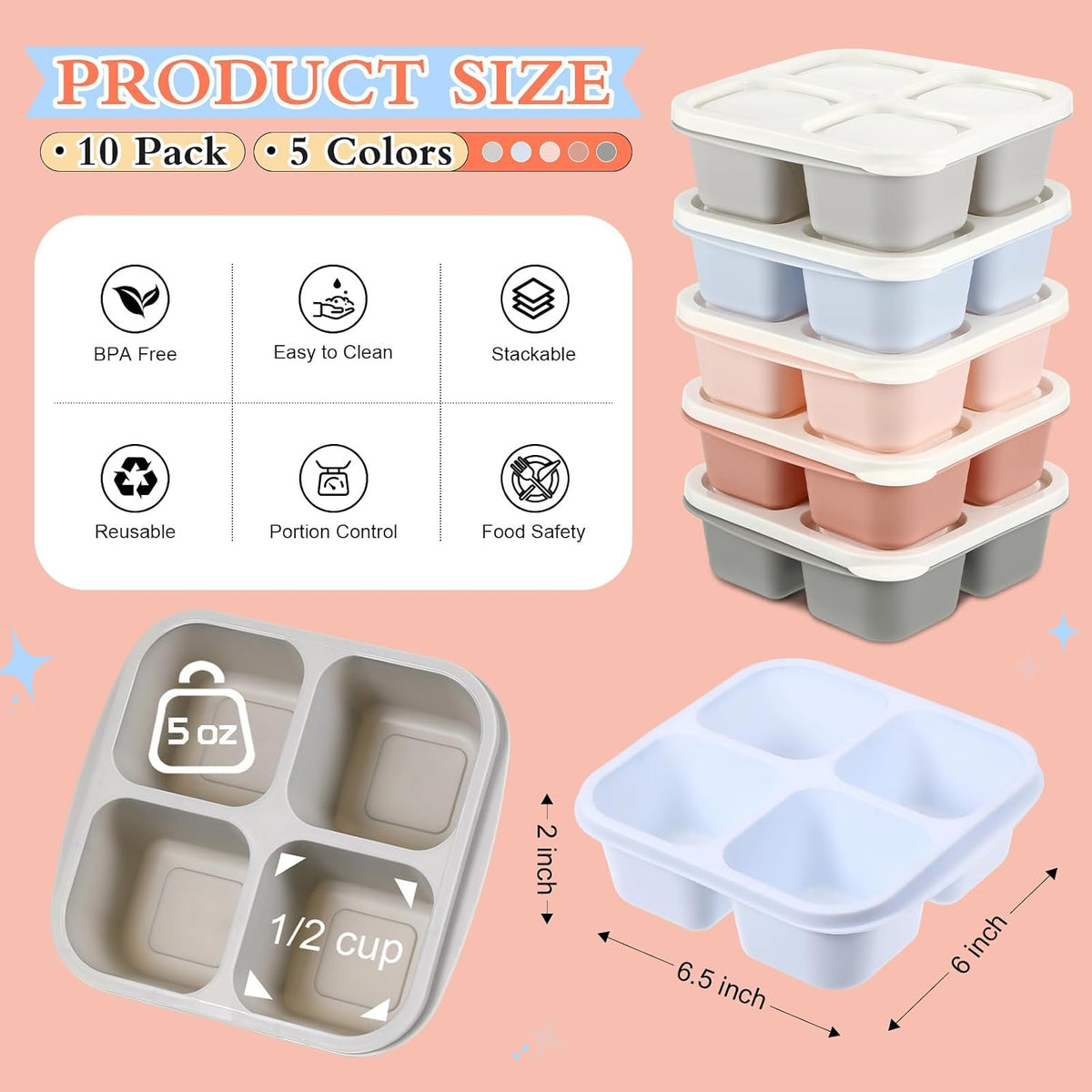 Honeydak 10 Pack Bento Snack Containers 4 Compartment Snack Boxes Reusable Containers with Lids Divided Meal Prep Lunch Food Storage Box for School Work Travel