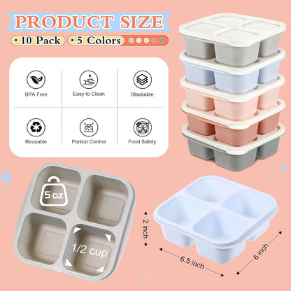 Honeydak 10 Pack Bento Snack Containers 4 Compartment Snack Boxes Reusable Containers with Lids Divided Meal Prep Lunch Food Storage Box for School Work Travel