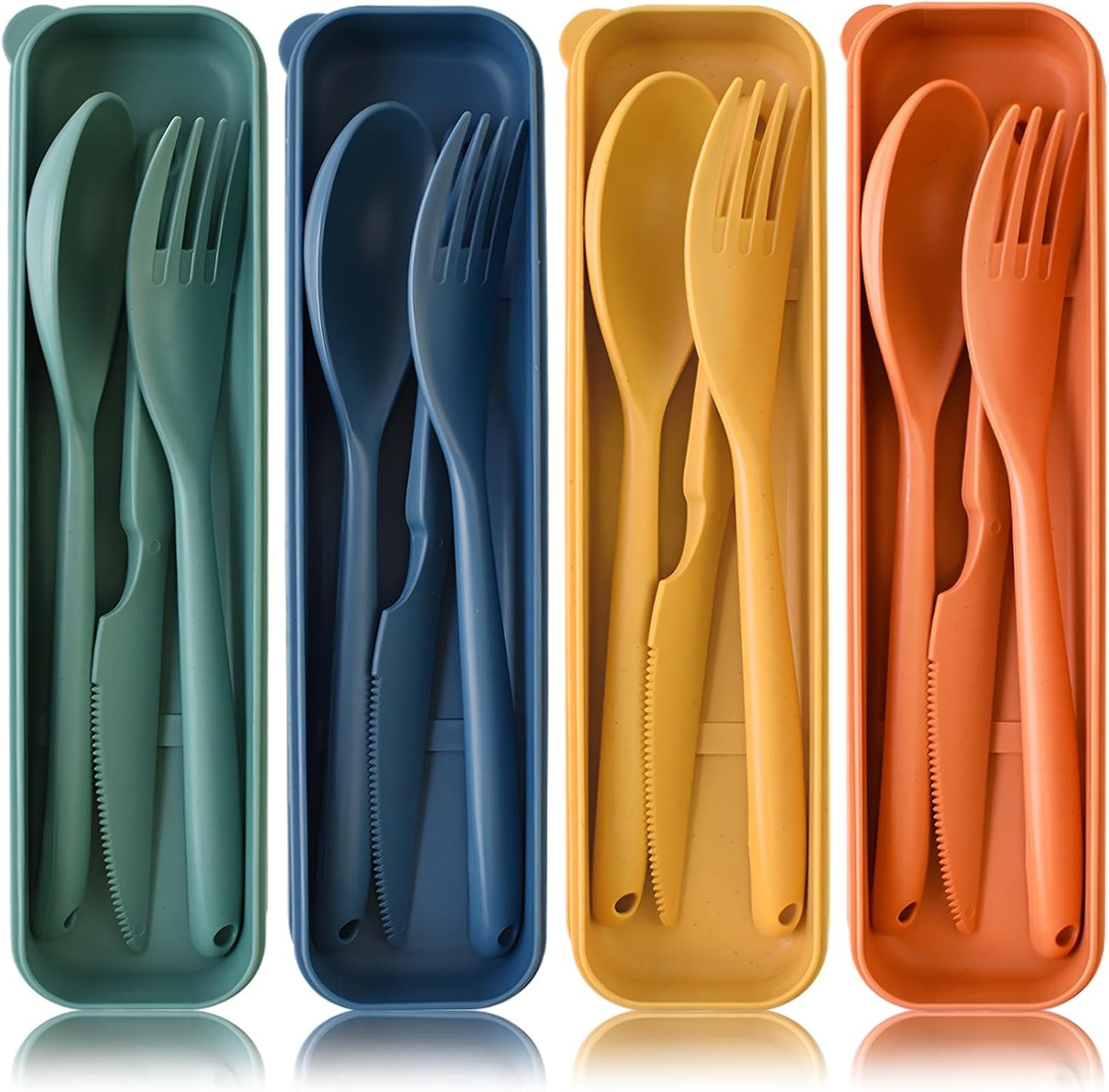 Reusable Utensils Set with Case, 4 Sets Wheat Straw Travel Cutlery Set, Portable Spoon Knife Fork Chopsticks Lunch Box Utensil Set for Kids Adults