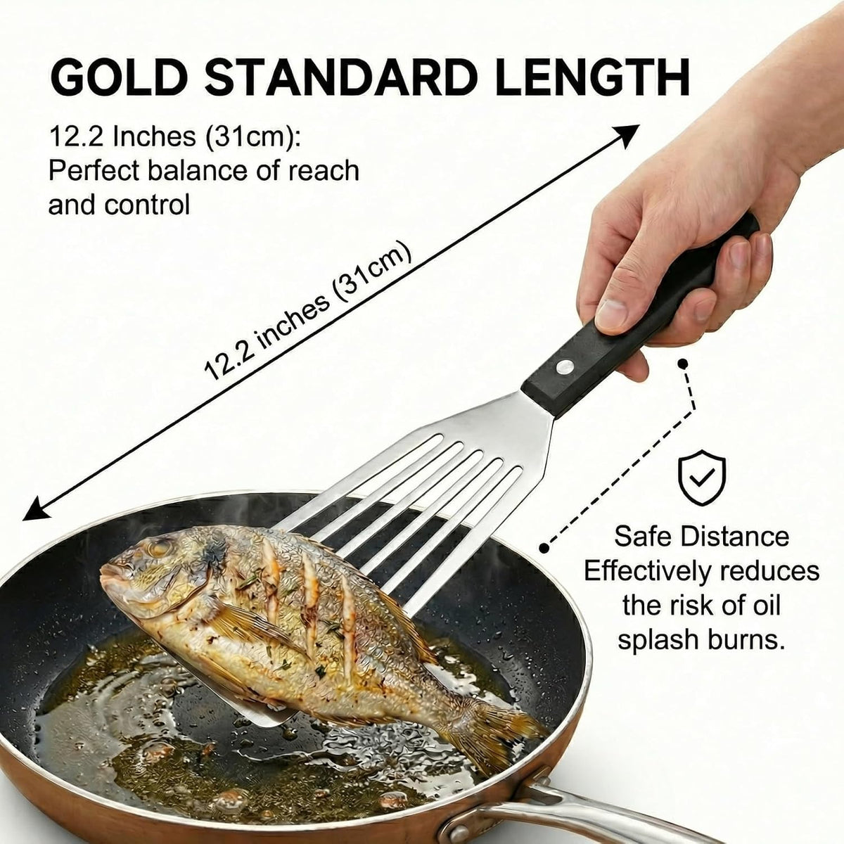Fish Spatula, 12" Stainless Steel Slotted Turner for Cast Iron & Griddle | Firm 1.2 mm blade gives steady support for fish, burgers, eggs and pancakes; beveled front edge helps slide under food.