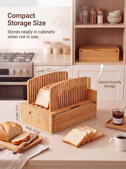 Natural Bamboo Bread Slicer, Bread Slicer Guide for Homemade Bread, Foldable Space-Saving Loaf Guide with Crumb Tray, Adjustable Thickness for Even Slices, Sturdy Cutter for Sourdough and Toast