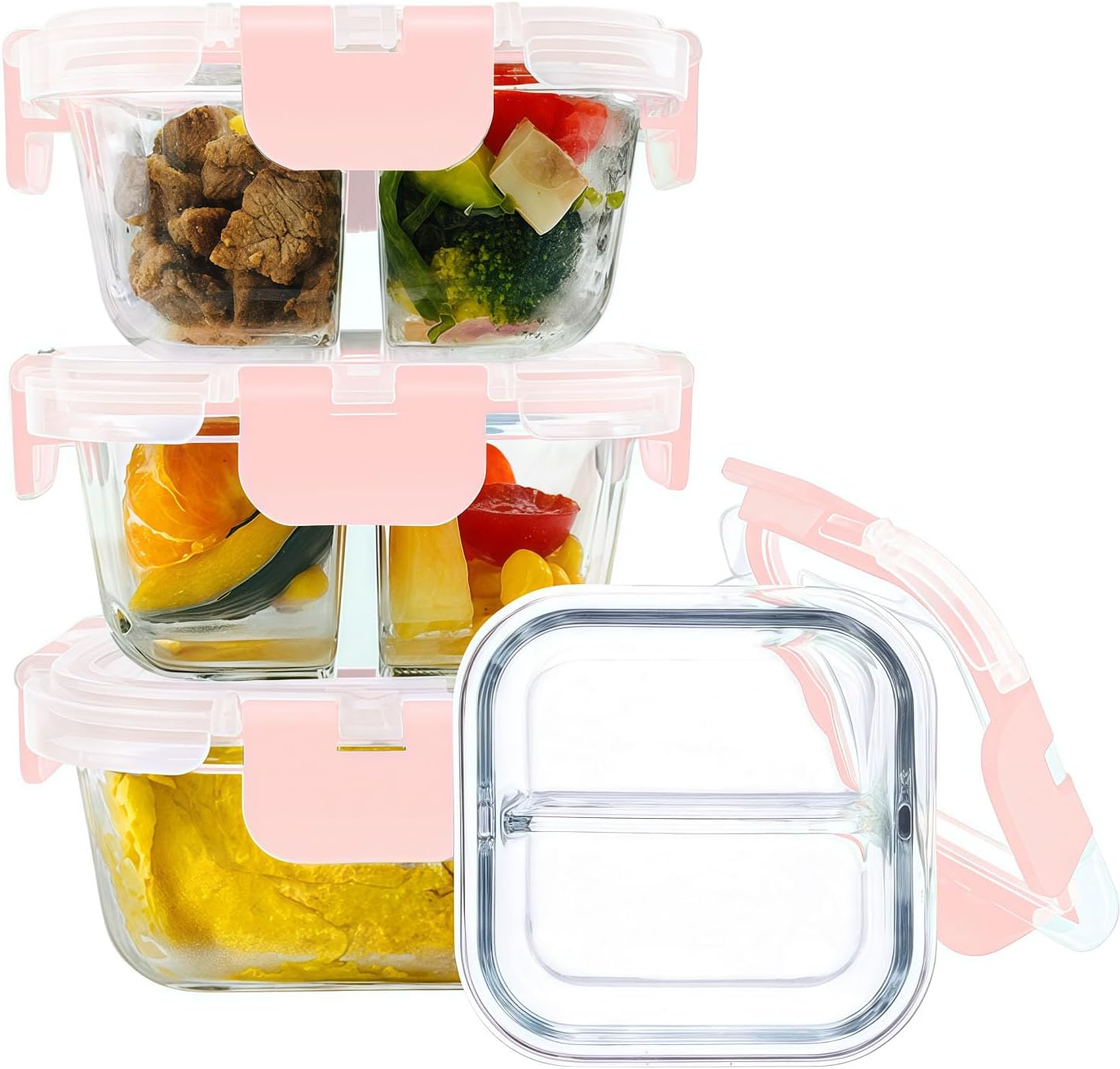 Bariatric Meal Prep Containers, 8 oz Bariatric Portion Control Food Storage Containers with Two 4 oz Compartments (3 Pack), Reusable Glass Snack Containers with BPA Free Airtight Lids