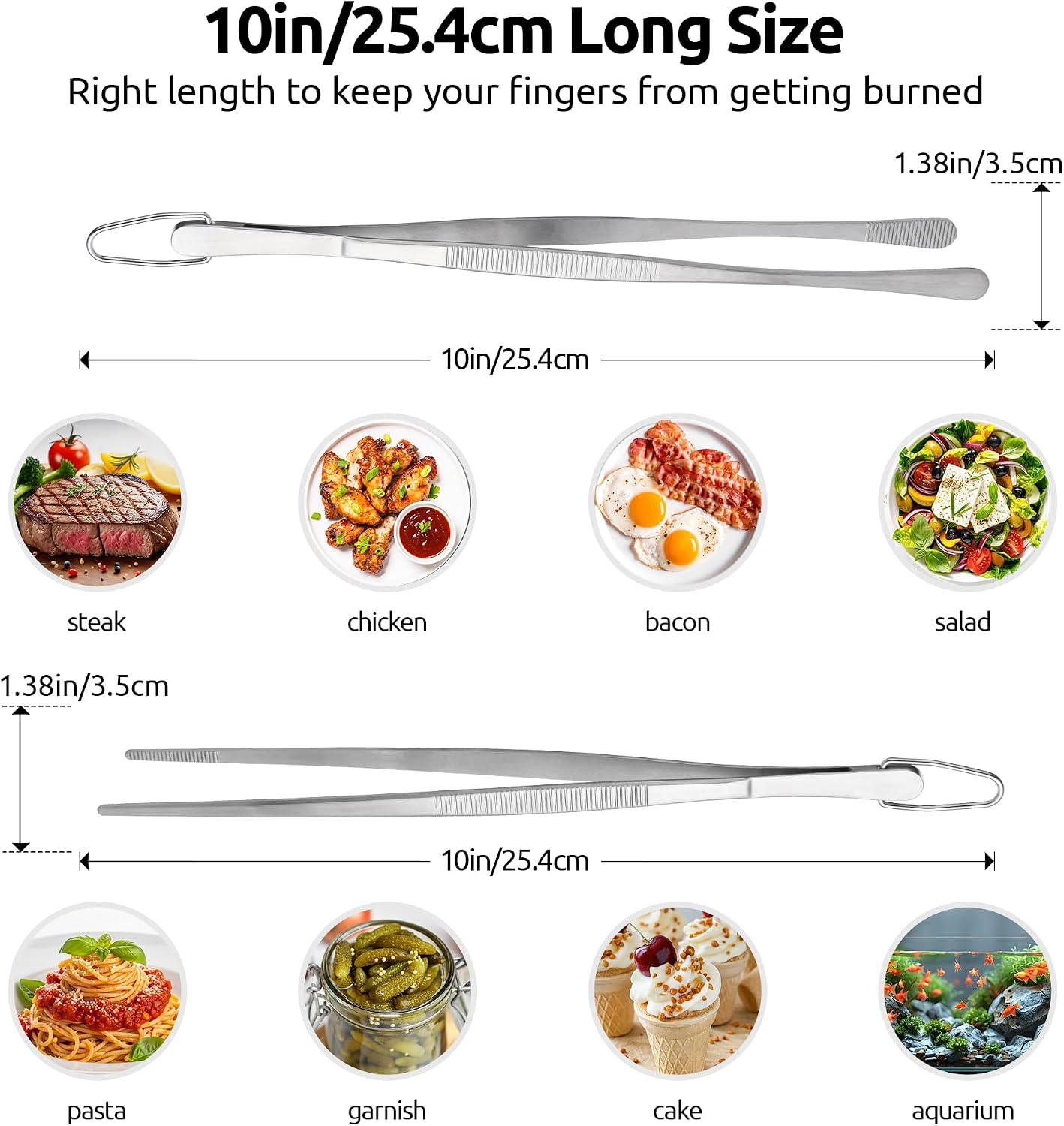 U-Taste 8"+10"+12" Kitchen Cooking Tweezer: 18/8 Stainless Steel Food-Grade Metal Food Tong, Flexible Pinching, Seamless-Welding and Sturdy for Serving Grilling Frying, Plating, Feeding (Pointed Tip)