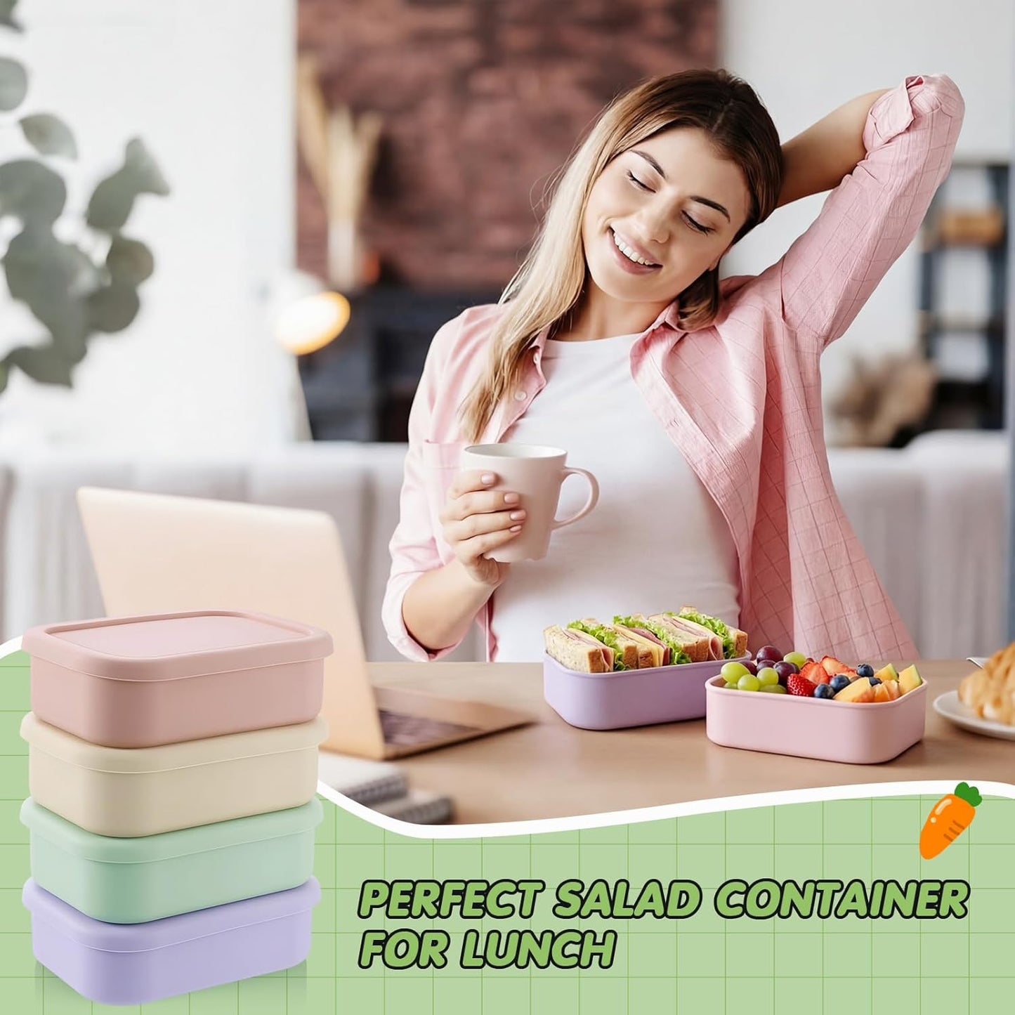Layhit 4 Pcs Silicone Bento Box Lunch Box for Adult, 23.7 oz Reusable Sandwich Containers Food Storage with Lids Airtight for Lunch Meals Snacks, Dishwasher Freezer Safe (Matte Multicolor)