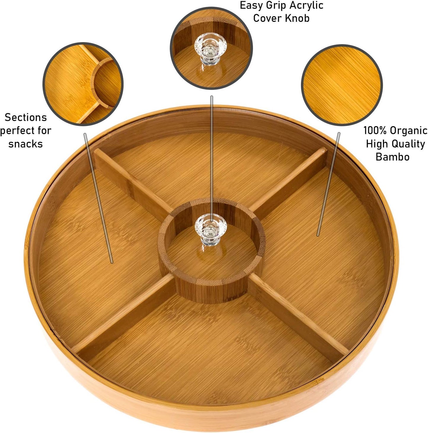 Divided Serving Tray - Bamboo with Acrylic Glass Lid - Appetizer Party Platter - Perfect for Serving Dishes, Serving Platters, Chip and Dip Tray, Veggie Tray, Or Taco Toppings Serving Tray Circle 12"