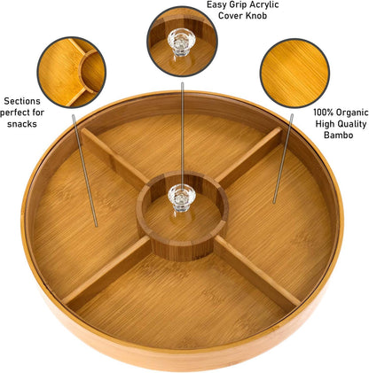 Divided Serving Tray - Bamboo with Acrylic Glass Lid - Appetizer Party Platter - Perfect for Serving Dishes, Serving Platters, Chip and Dip Tray, Veggie Tray, Or Taco Toppings Serving Tray Circle 12"