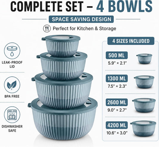 Mixing Bowls with Lids, 8-Piece Airtight Leak-Proof Nesting BPA-Free Bowl Set for Kitchen & Food Storage, Large 4200ml Capacity, Microwave & Dishwasher Safe