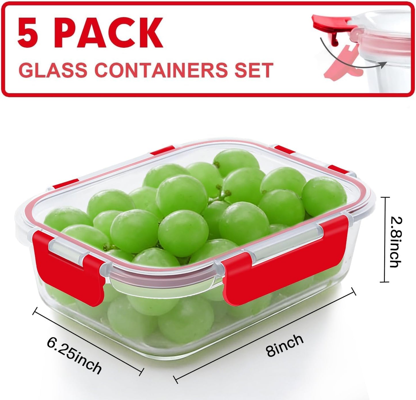 VERONES 5 Pack 36 OZ Glass Meal Prep Containers, Airtight Glass Lunch Containers Set, Glass Food Storage Containers with Lids,Exclusive of BPA, for Microwave, Oven, Freezer & Dishwasher Friendly,Grey