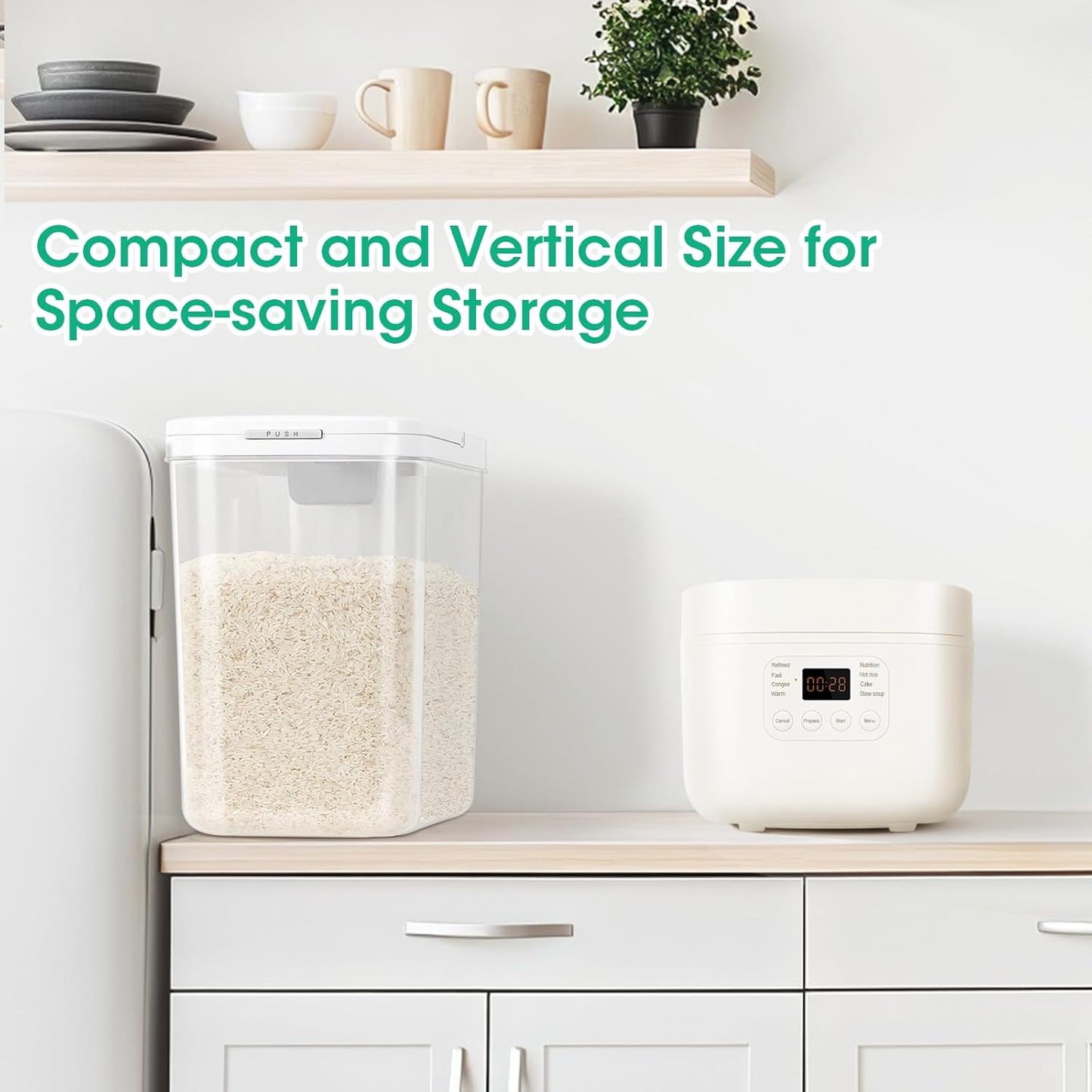 TBMax Large Airtight Food Container 5.28 Qt with Pop Up Lid & Measuring Cup, Ideal for 10 Lbs of Rice or 7 Lbs of Flour, Square Short Food Storage Bin for Kitchen Pantry and Drawer Organization