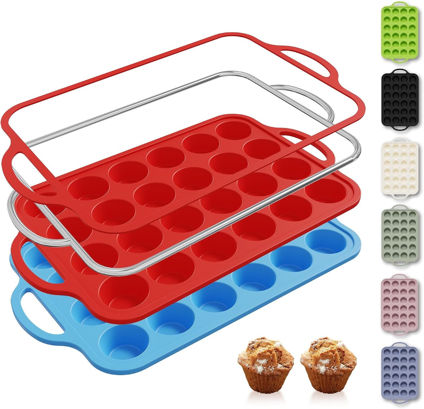 2 Packs 12 Cups Silicone Muffin Pan for Baking with Metal Reinforced Frame Regular Size Cupcake Pan Tray Egg Bites Silicone Cookie Molds Muffin Tin Tart Pans Sheet Set for Oven Dishwasher Safe