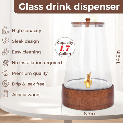 Glass Drink Dispenser for Parties, 1.72 Gallon Large Beverage Dispenser with Stand Juice Dispensers with Spigot Pitcher for Lemonade Iced Water Tea Sangria Punch