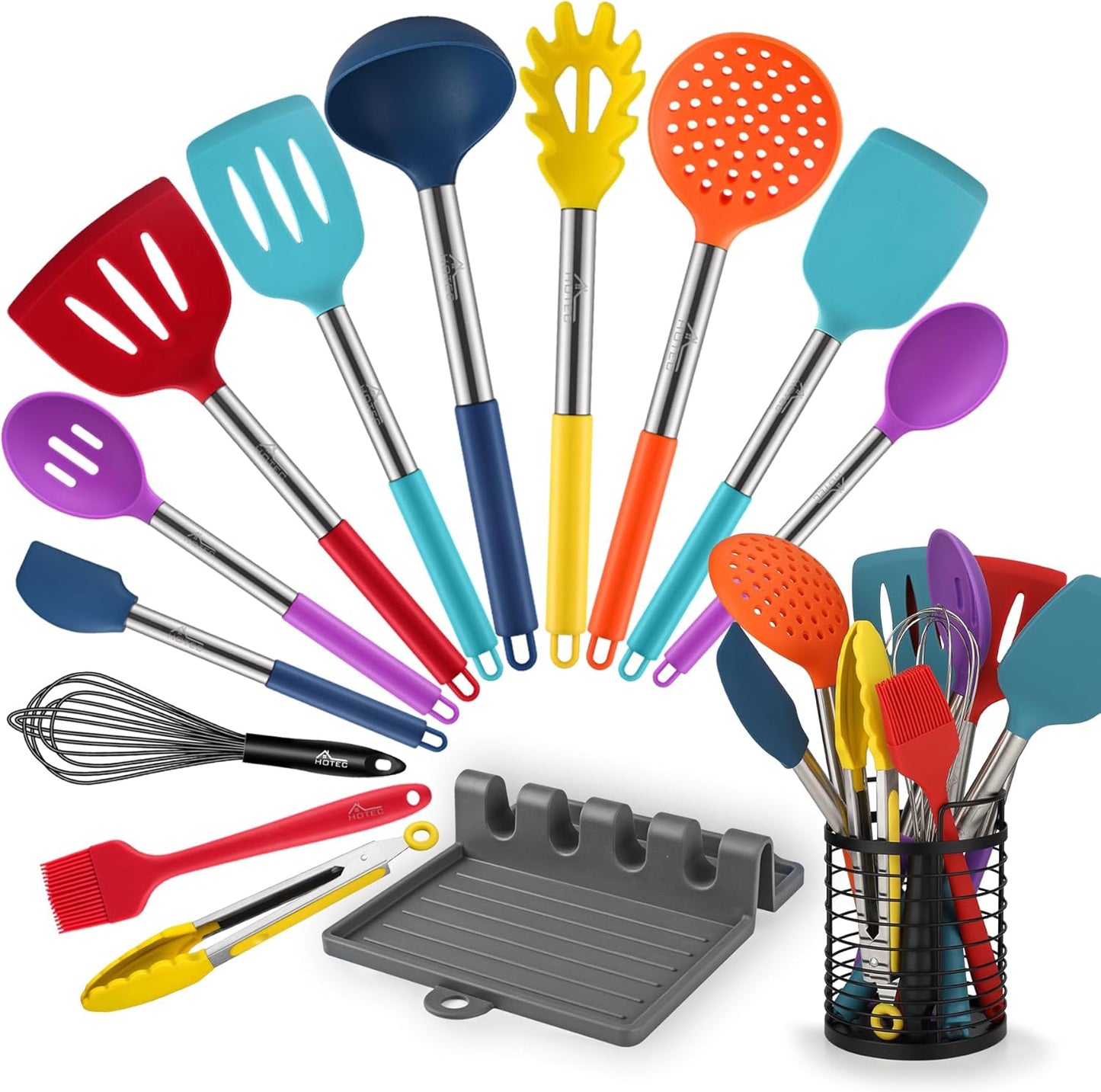 HOTEC 446°F Heat Resistant Silicone Kitchen Utensils, Cooking Utensil Set, Spatula Set, BPA Free, Kitchen Gadgets, With Stainless Steel Utensils Holder, Dishwasher Safe 14pcs Khaki
