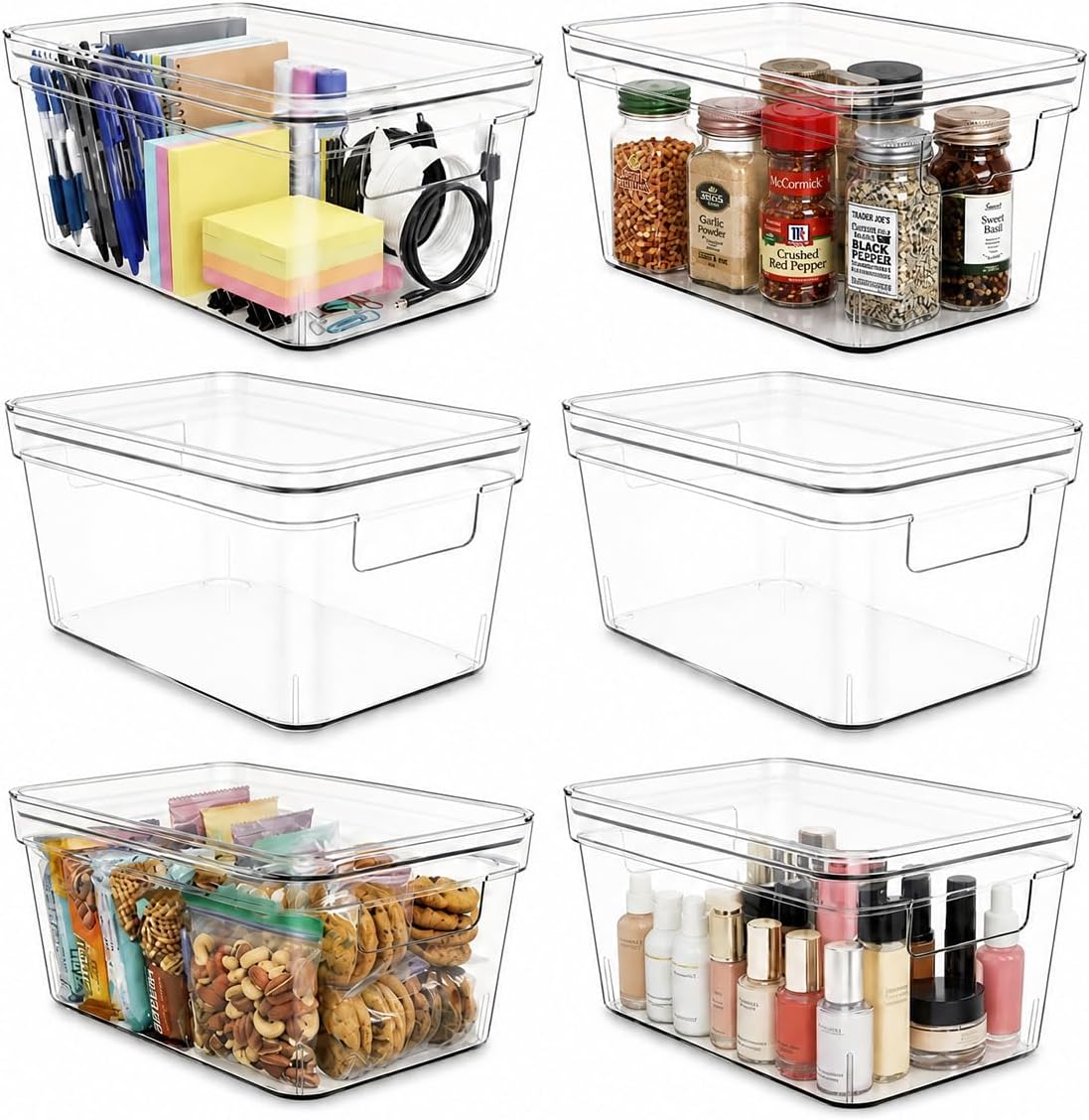 MOONEDGE 4-Pack 10x6x5 Stackable Small Clear Storage Bins with Lids | Plastic small item organizer containers with handles for vanity, craft, office, fridge, kitchen, pantry, bathroom and closet