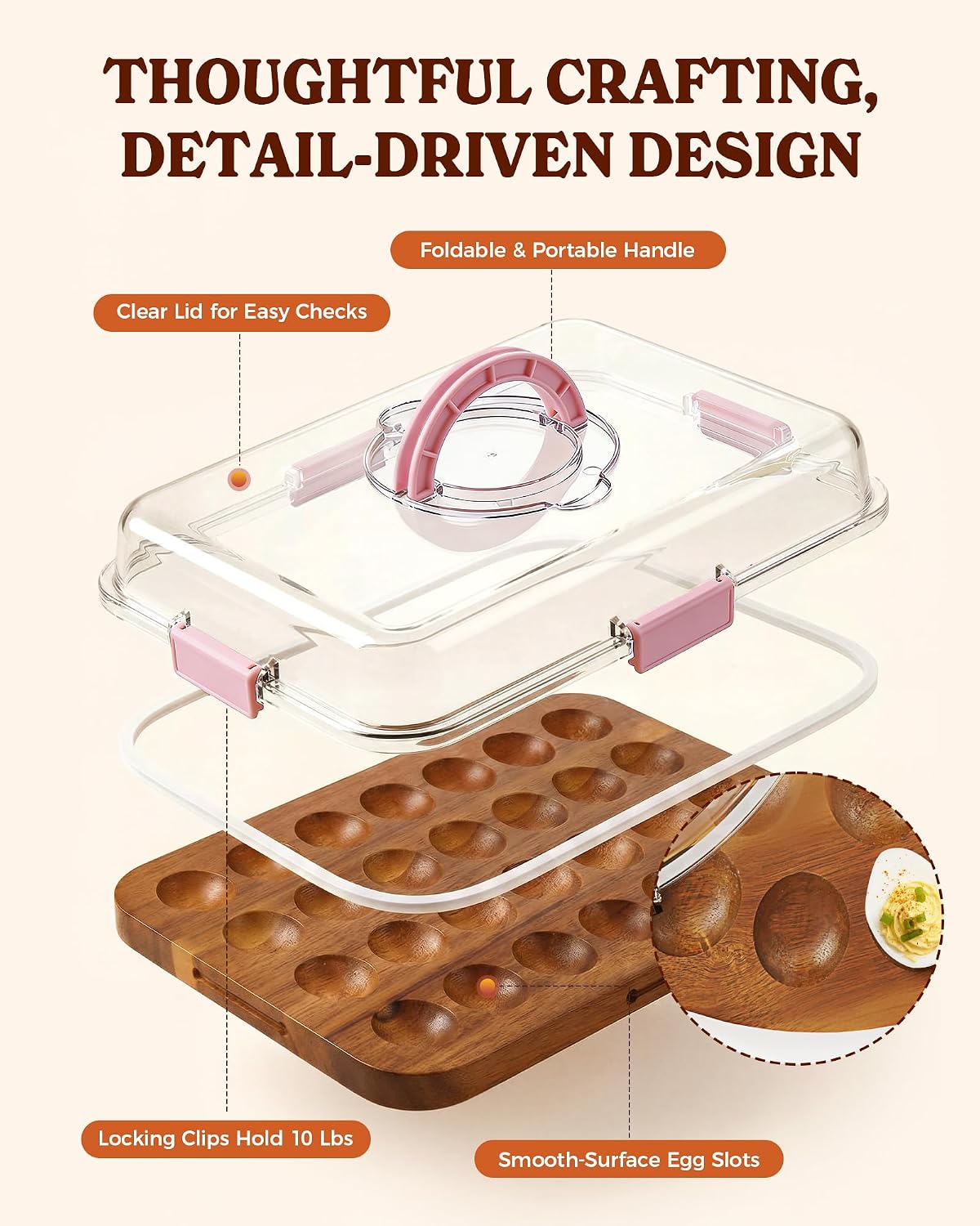 Sevenblue Acacia Wood Deviled Egg Containers with Lid and Handle, Portable Deviled Egg Platter for Easter, Potlucks & Party, Reversible Charcuterie Board Cutting Board