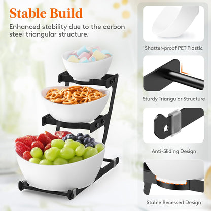 Lifewit 3 Tier Plastic Serving Bowls with Black Metal Stand, Chips and Dip Serving Tray Set for Entertaining Party, Crack-Proof Serving Platters for Fruit/Snack/Candy, 31 x 20 x 27 cm/12 x 8 x 10.6