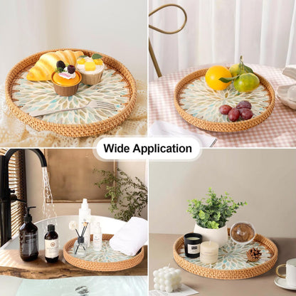 Round Rattan Tray with Mother of Pearl Inlay, Rattan Serving Tray for Coffee, Bread, Fruits, Decorative Wicker Tray for Table Decor, Home Decor, Kitchen Island Decor(Black Checkerboard, 11.8")