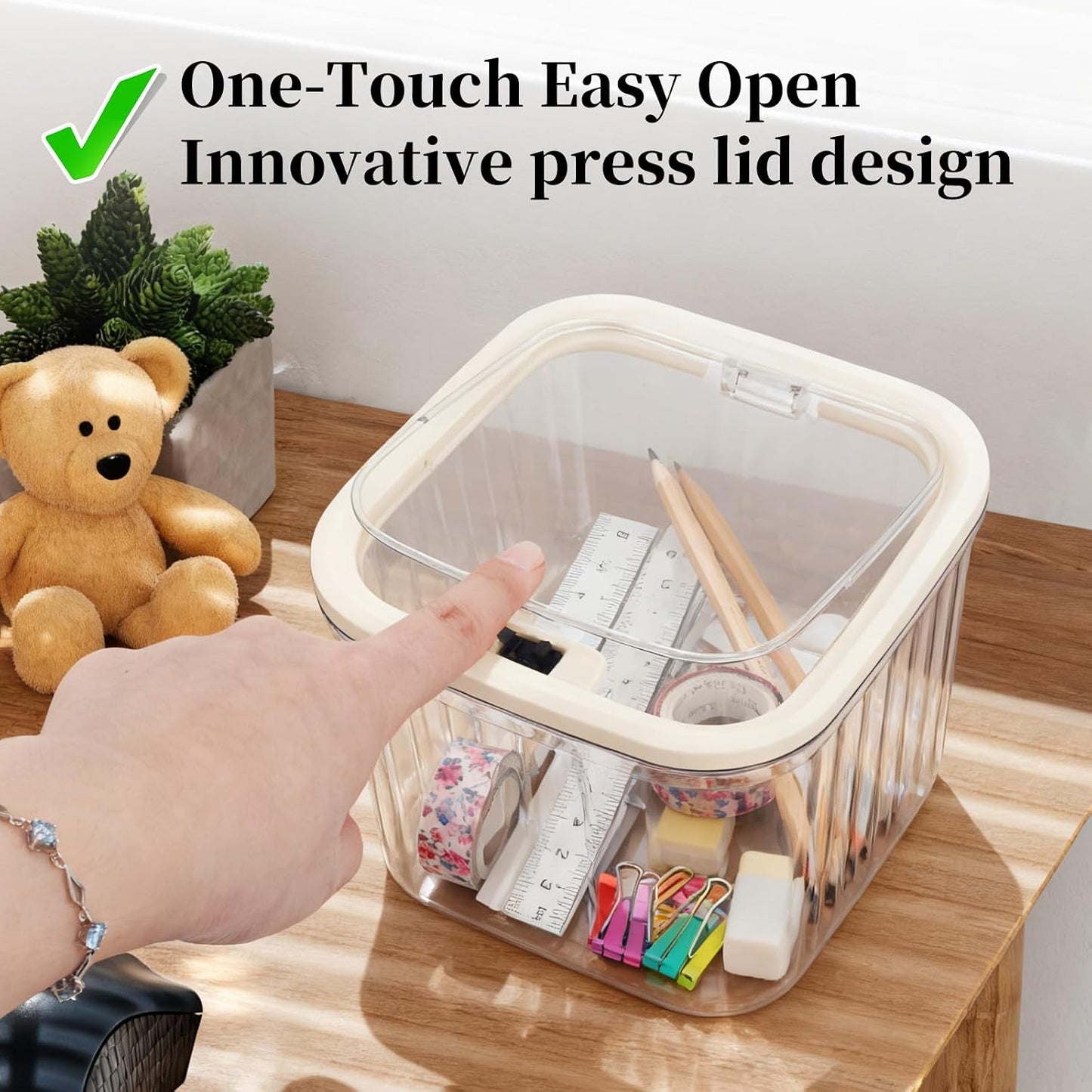 THMINS Hair Accessories Organizer for Girls,Small Plastic Storage Box with Lid for Kids Hair Clips,Ties,Bows&Jewelry,Stackable Dust-Proof Flip Top Container,Desktop Organizer(Clear)