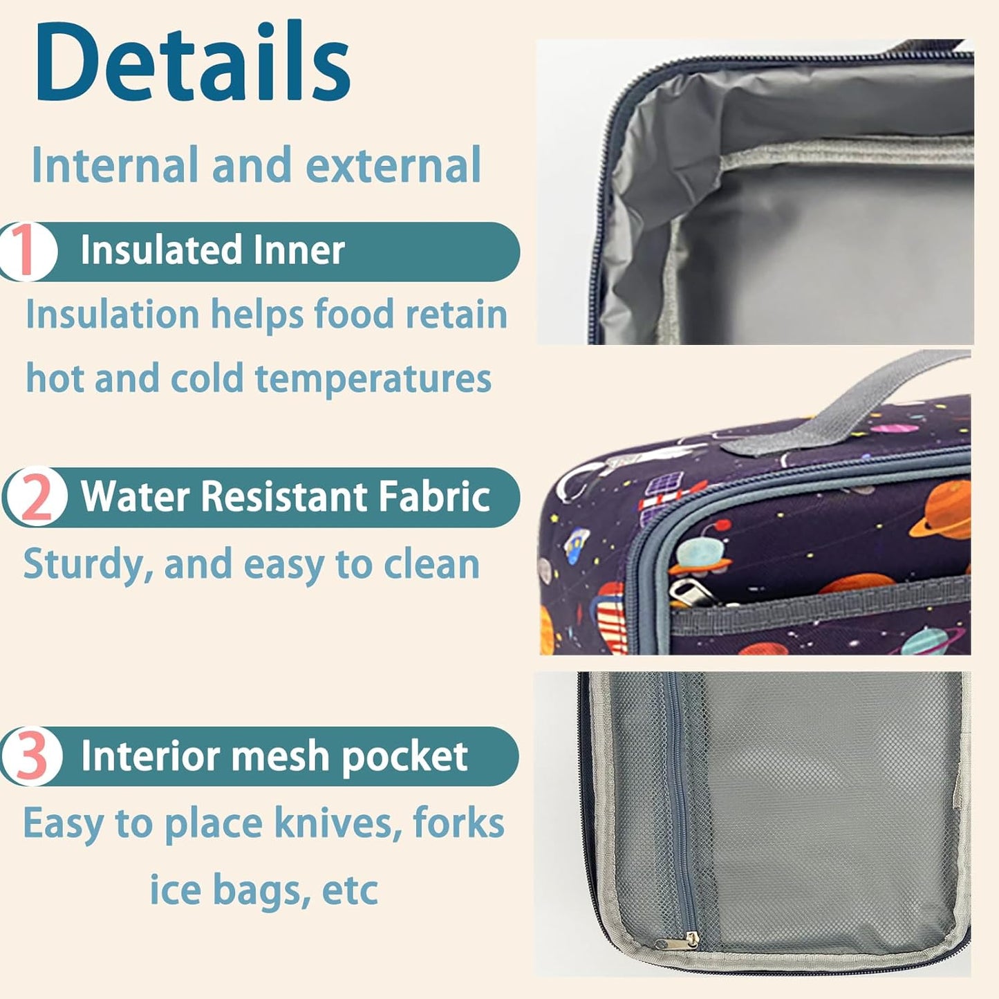 Kulle Space Lunch Box for Kids, Insulated Lunch Bag for Boys, Large Capacity Thermal Tote for School, Office, Daycare - Rocket Design, Washable & Leakproof
