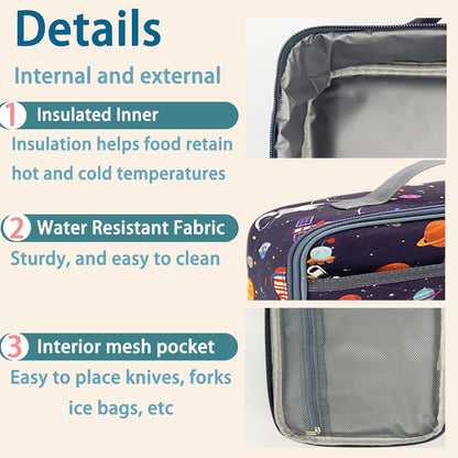 Kulle Space Lunch Box for Kids, Insulated Lunch Bag for Boys, Large Capacity Thermal Tote for School, Office, Daycare - Rocket Design, Washable & Leakproof