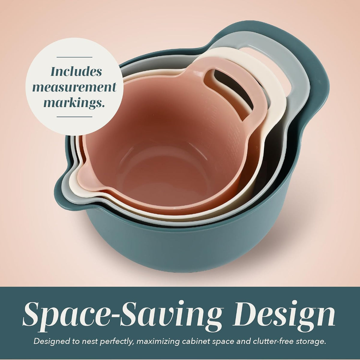 COOK WITH COLOR Nesting Plastic Mixing Bowl Set with Pour Spouts and Handles, Gray, Non-Slip